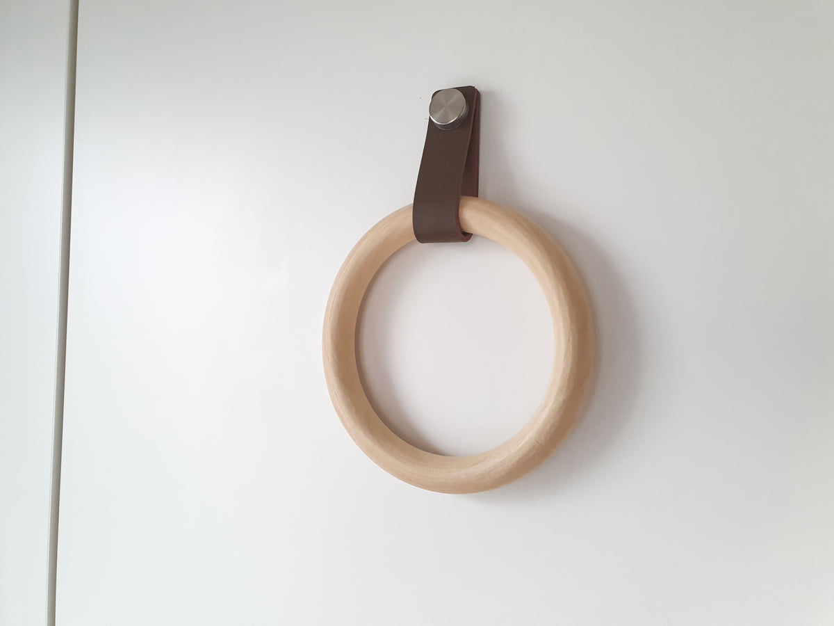 Handmade Wooden Towel Ring with Leather Strap | Rustic Bathroom Holder