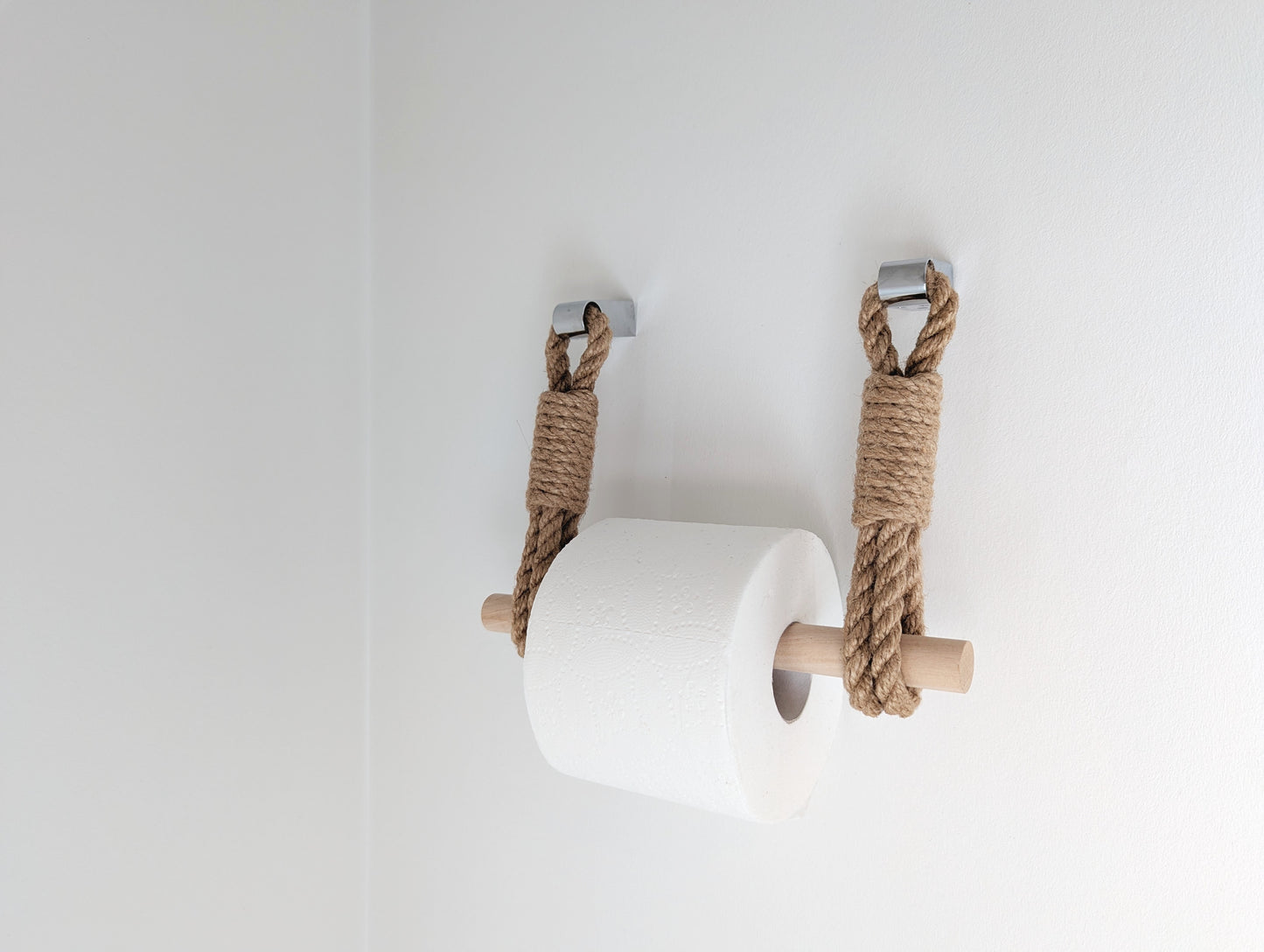 Jute Rope Toilet Paper Holder - Wooden Bar Two Hook Wall Mounted Rustic Bathroom Decor