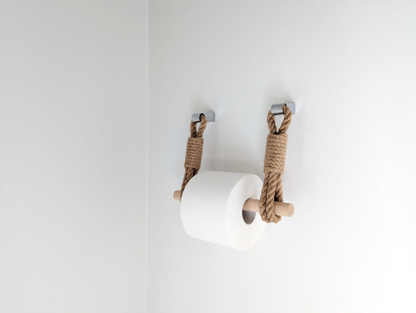Jute Rope Toilet Paper Holder - Wooden Bar Two Hook Wall Mounted Rustic Bathroom Decor