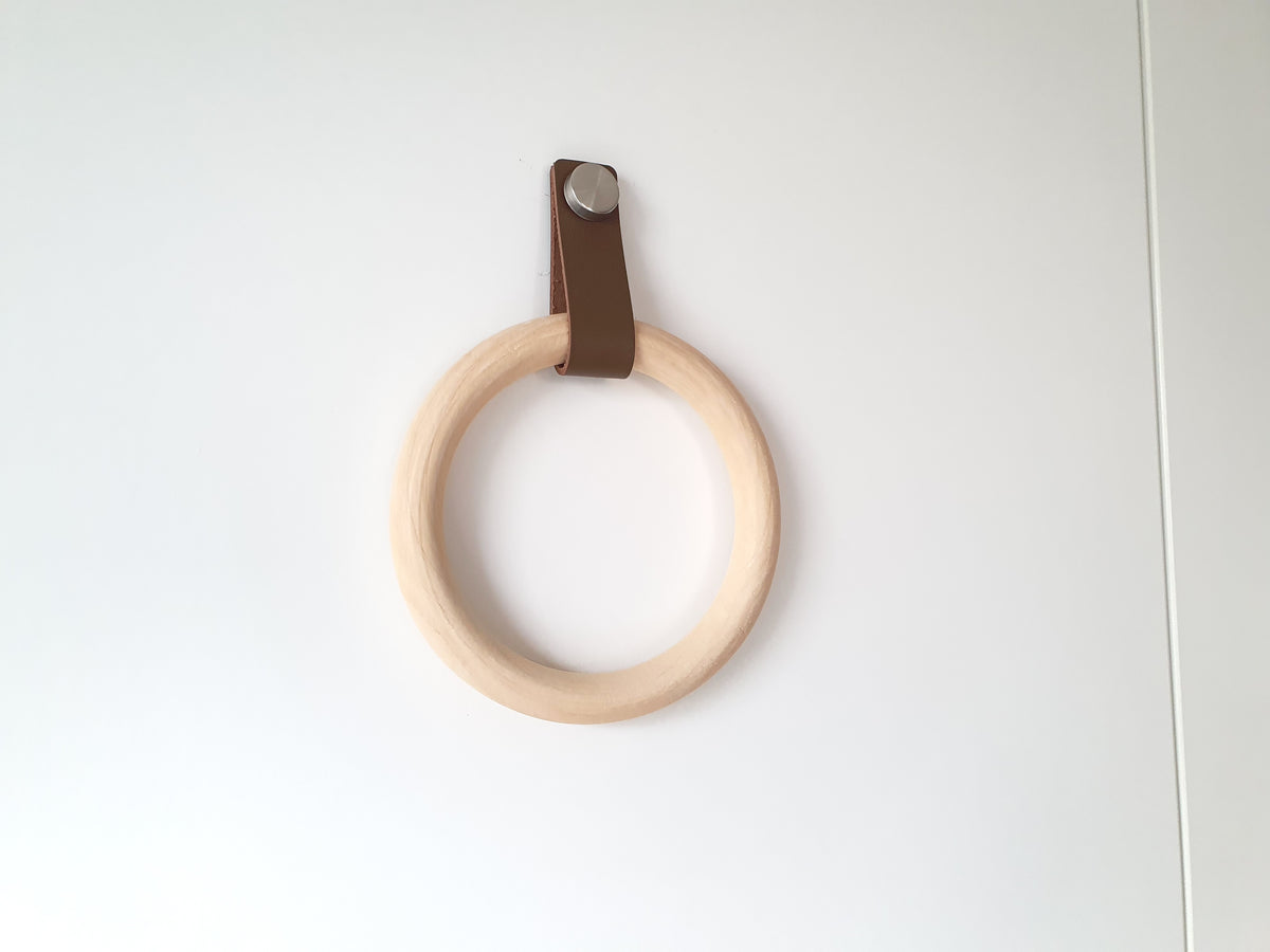 Handmade Wooden Towel Ring with Leather Strap | Rustic Bathroom Holder