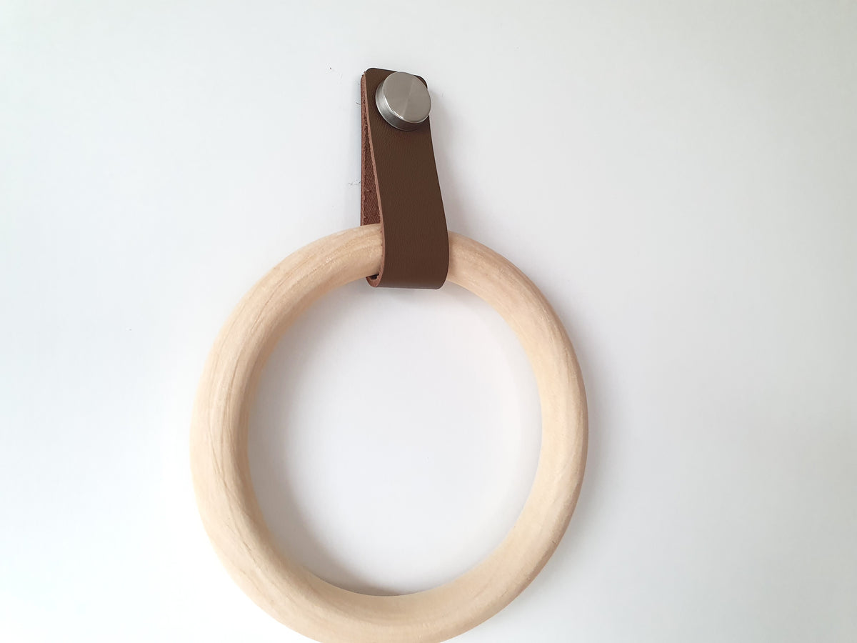 Handmade Wooden Towel Ring with Leather Strap | Rustic Bathroom Holder