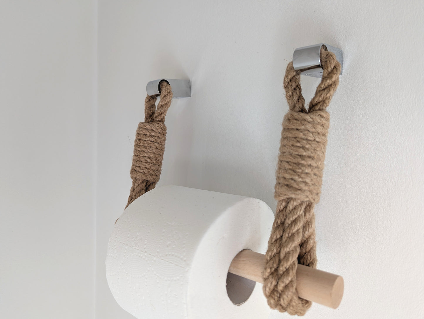 Jute Rope Toilet Paper Holder - Wooden Bar Two Hook Wall Mounted Rustic Bathroom Decor