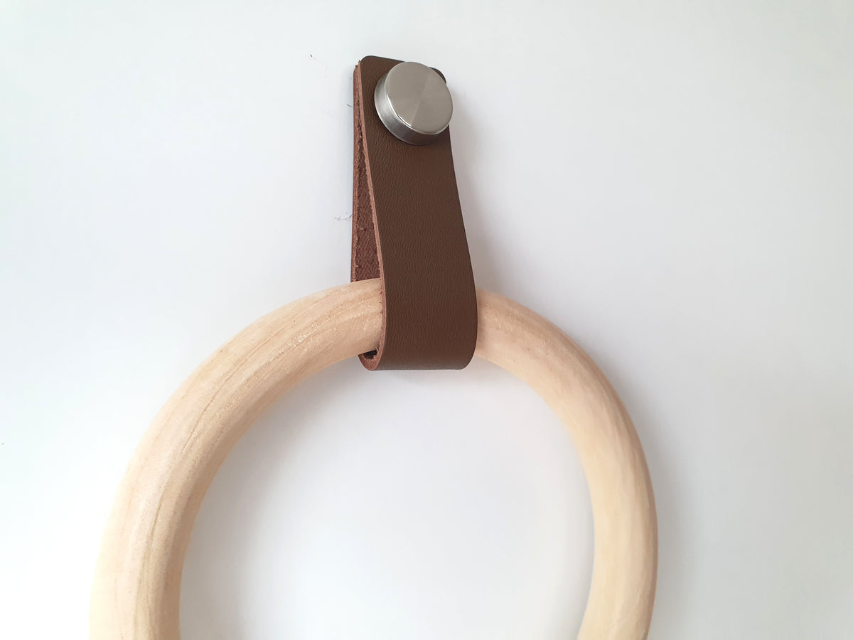 Handmade Wooden Towel Ring with Leather Strap | Rustic Bathroom Holder