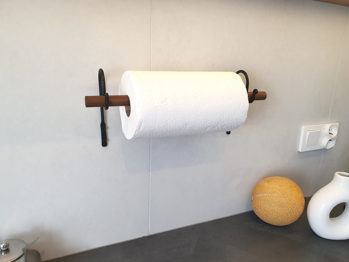 Paper Towel Holder | Forged Black Iron & Wood Dowel | Wall Mounted Kitchen Roll Holder