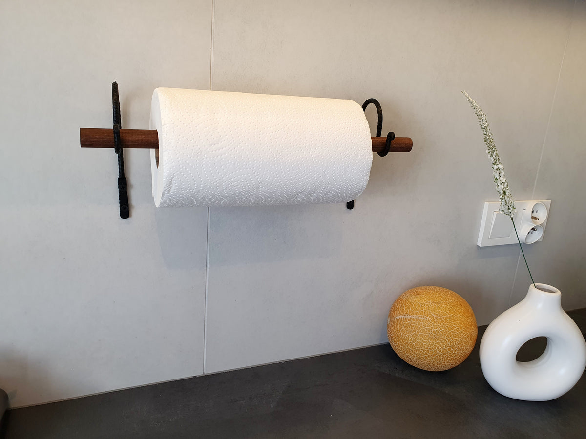 Paper Towel Holder | Forged Black Iron & Wood Dowel | Wall Mounted Kitchen Roll Holder