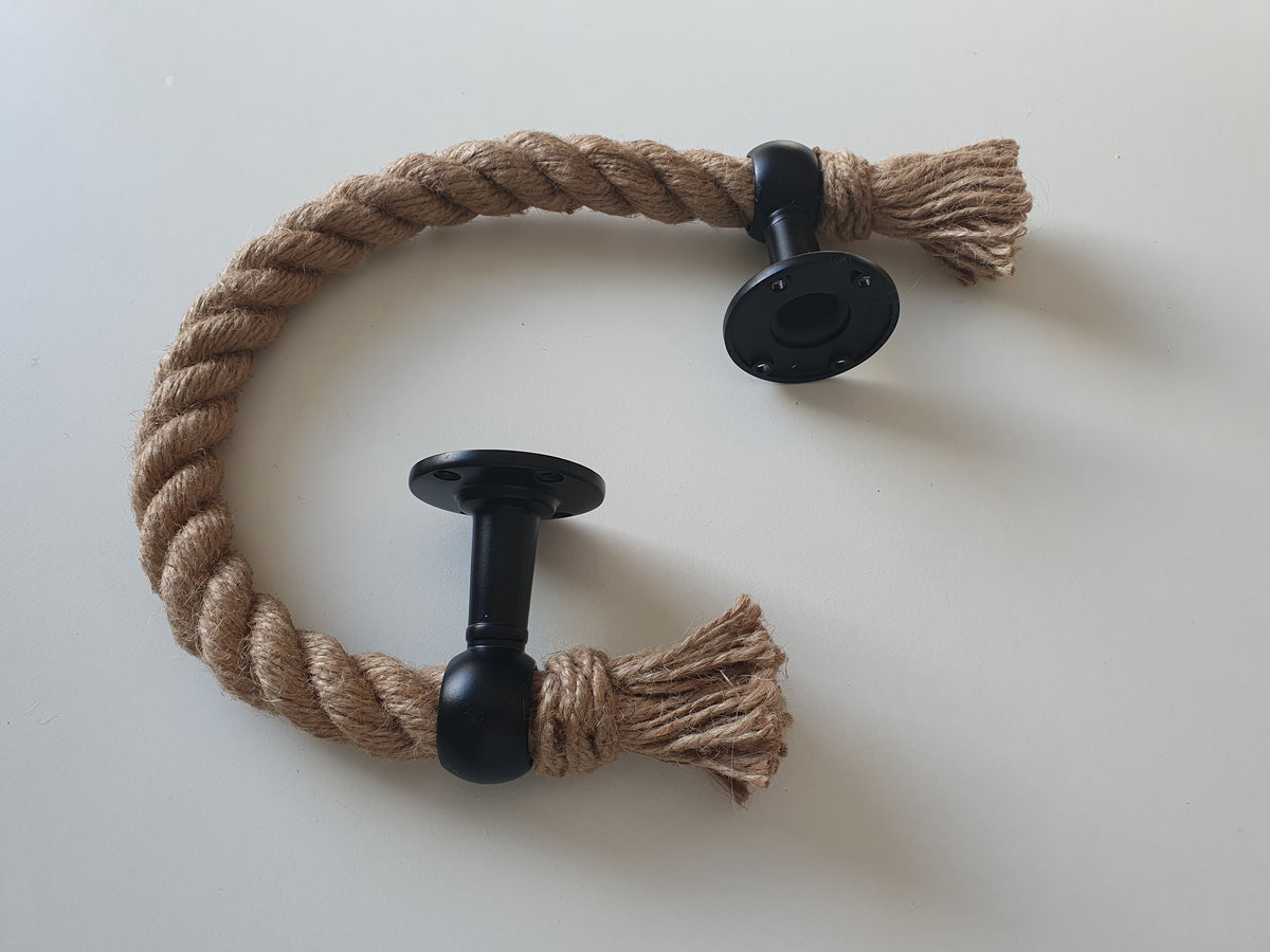 Jute Rope Towel Holder with Black Metal Brackets, 1 Inch Thick Nautical Bathroom Towel Bar, Farmhouse Wall Decor