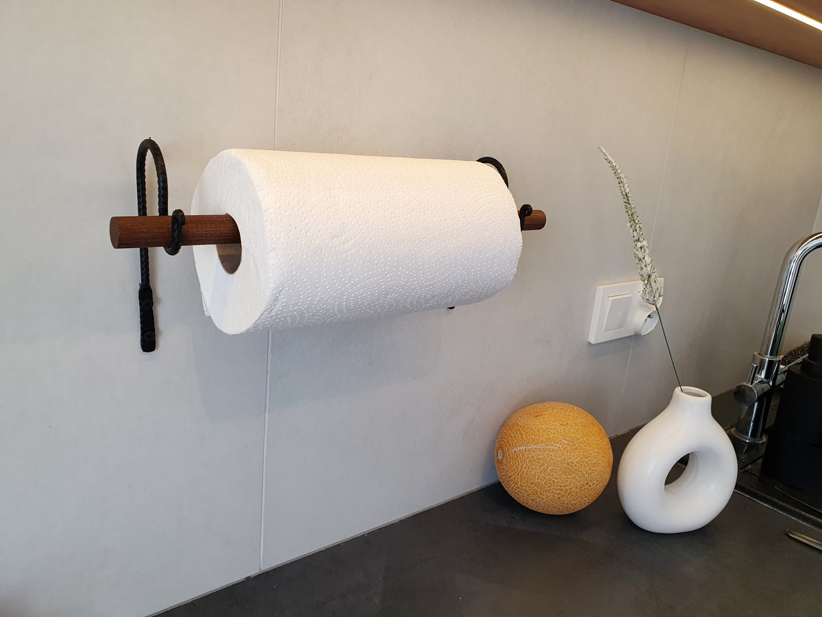 Paper Towel Holder | Forged Black Iron & Wood Dowel | Wall Mounted Kitchen Roll Holder