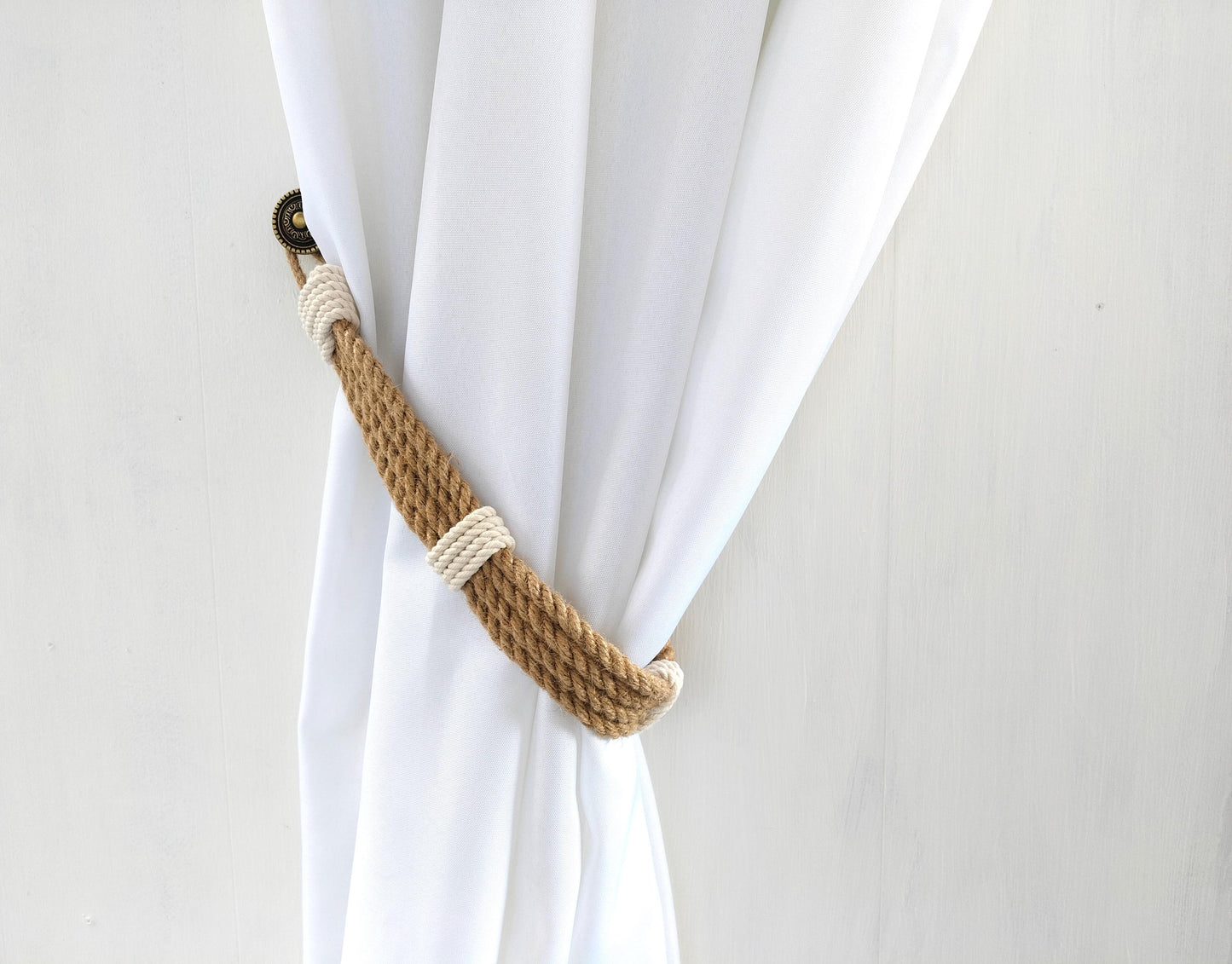 Curtain Tie Backs - Handmade Jute Curtain Holdback with White Wrap