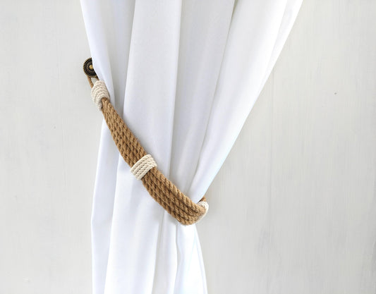 Curtain Tie Backs - Handmade Jute Curtain Holdback with White Wrap