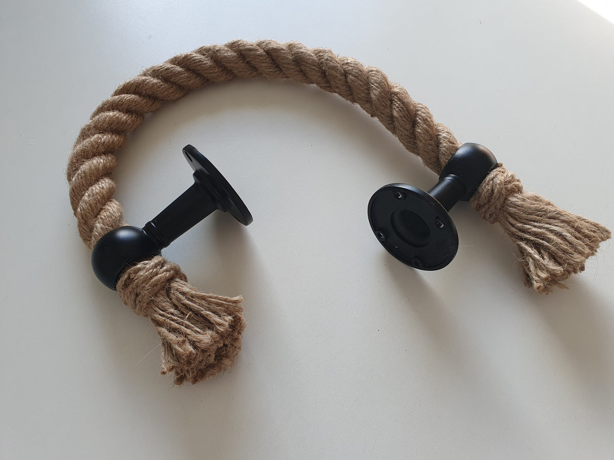 Jute Rope Towel Holder with Black Metal Brackets, 1 Inch Thick Nautical Bathroom Towel Bar, Farmhouse Wall Decor