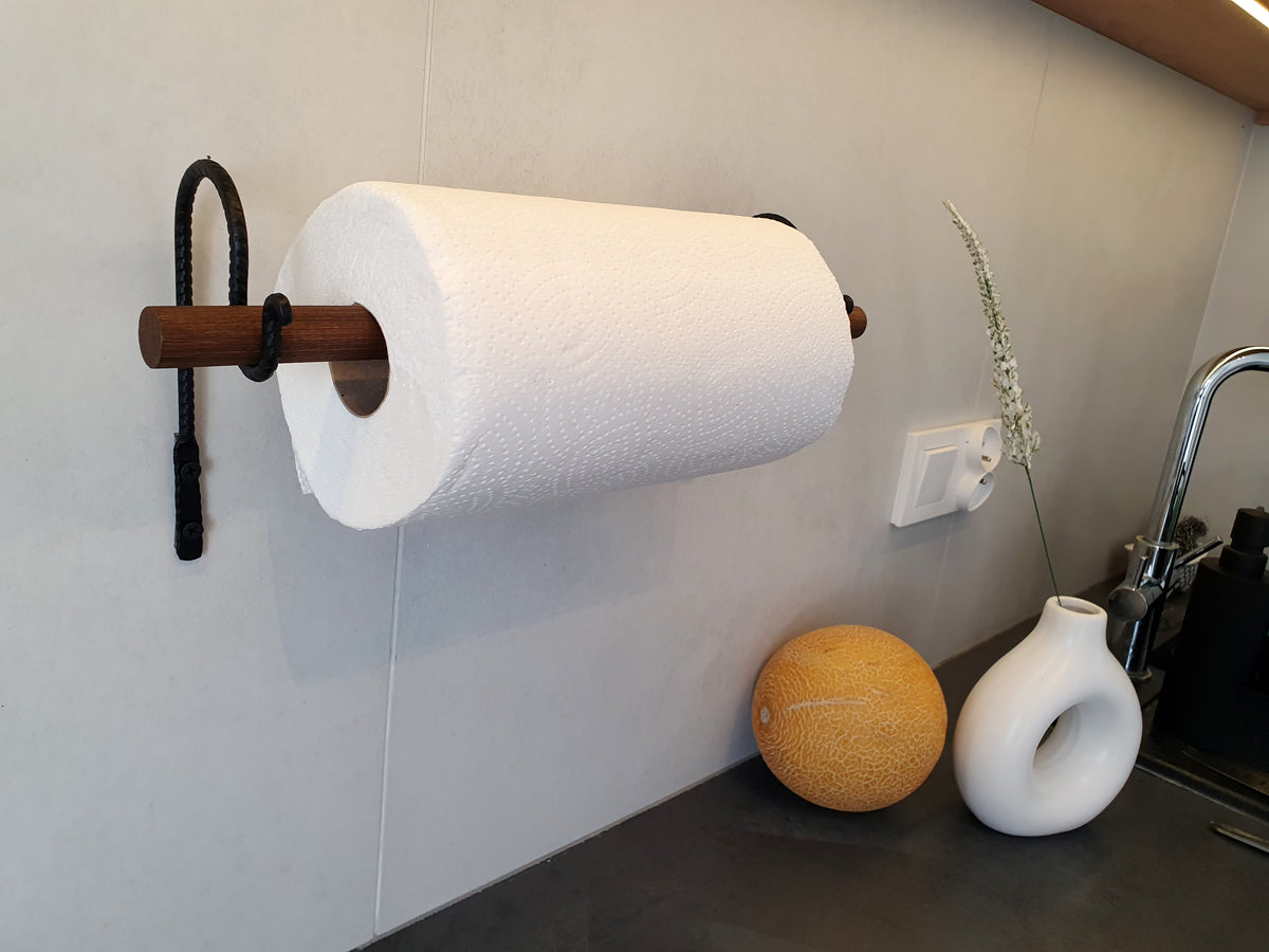 Paper Towel Holder | Forged Black Iron & Wood Dowel | Wall Mounted Kitchen Roll Holder