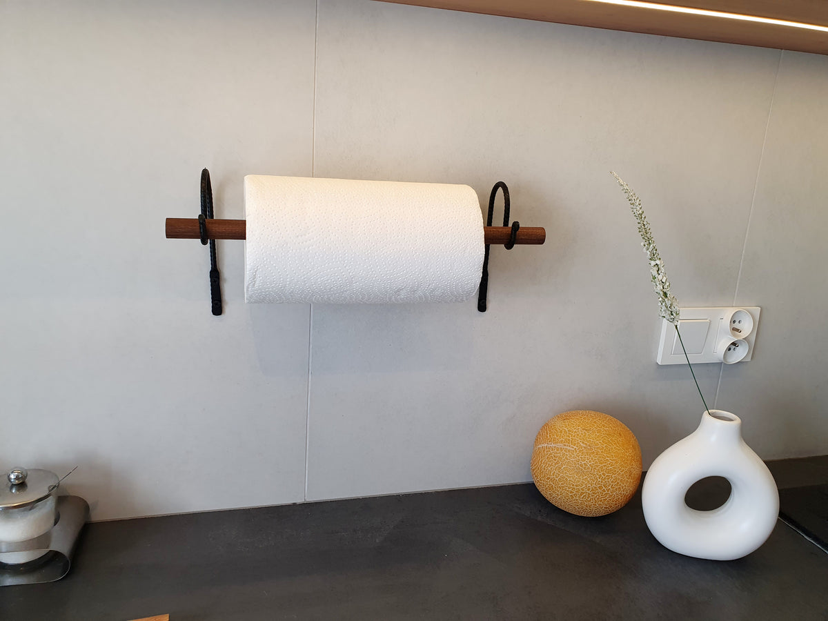 Paper Towel Holder | Forged Black Iron & Wood Dowel | Wall Mounted Kitchen Roll Holder