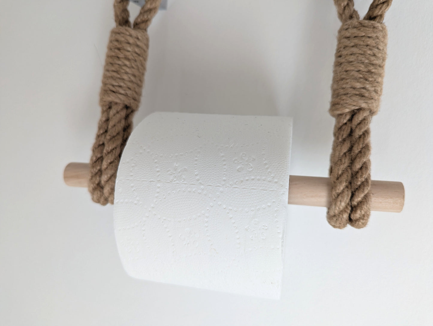 Jute Rope Toilet Paper Holder - Wooden Bar Two Hook Wall Mounted Rustic Bathroom Decor