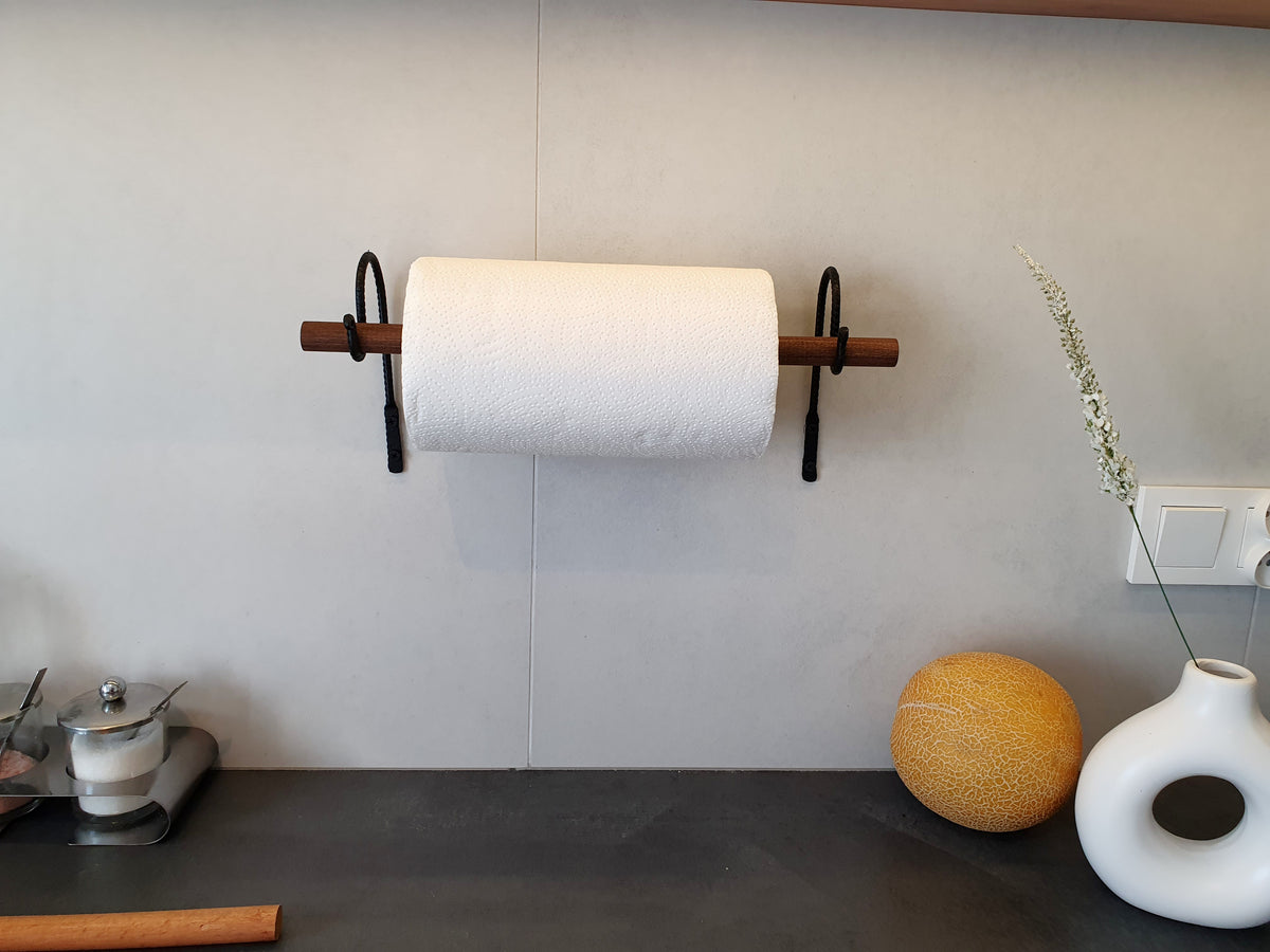 Paper Towel Holder | Forged Black Iron & Wood Dowel | Wall Mounted Kitchen Roll Holder