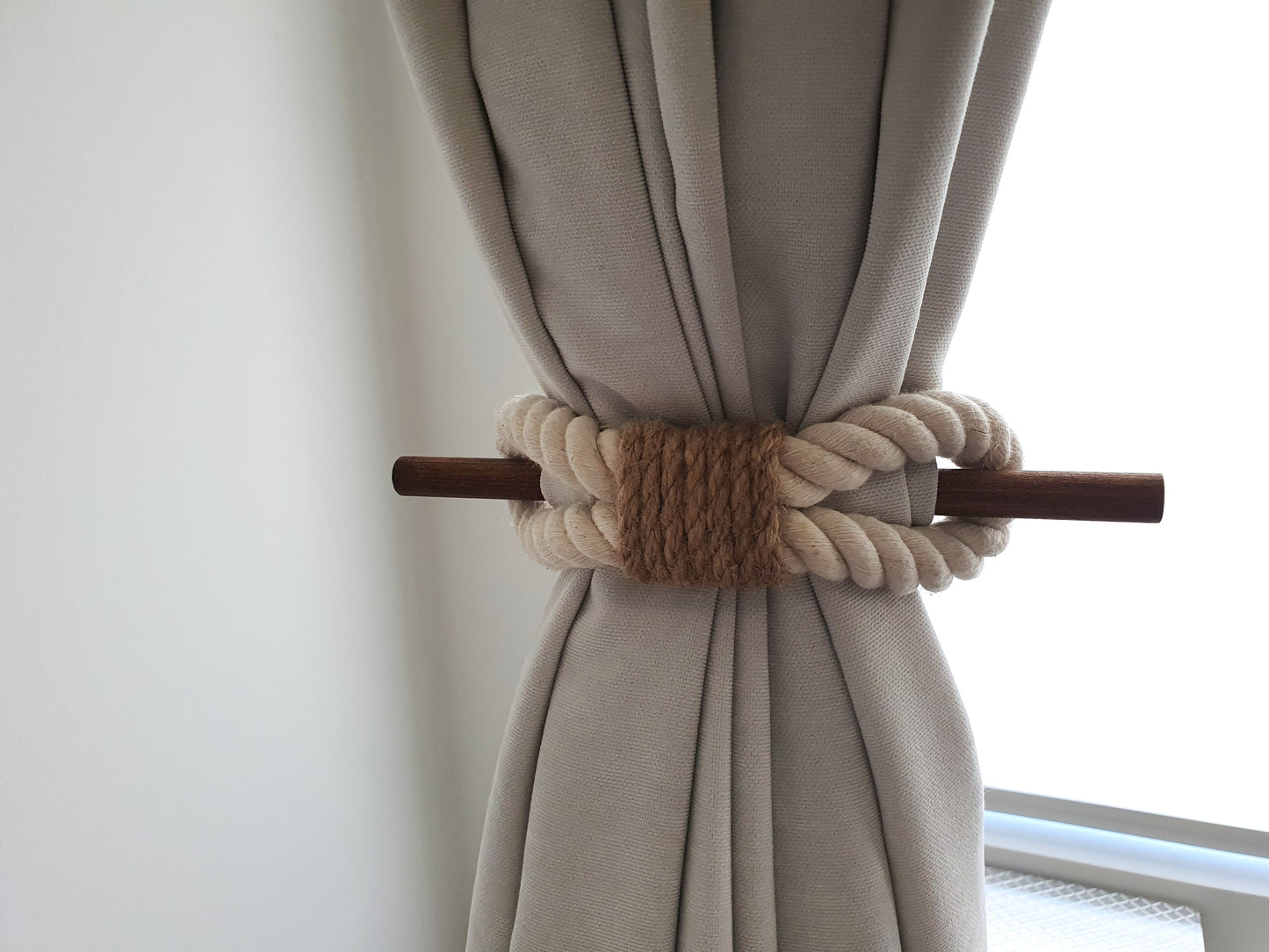White Cotton Rope Curtain Tieback with Wooden Stick - Jute Centre Wrap Holdback