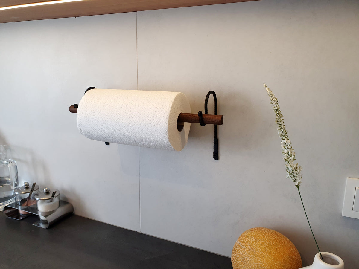 Paper Towel Holder | Forged Black Iron & Wood Dowel | Wall Mounted Kitchen Roll Holder