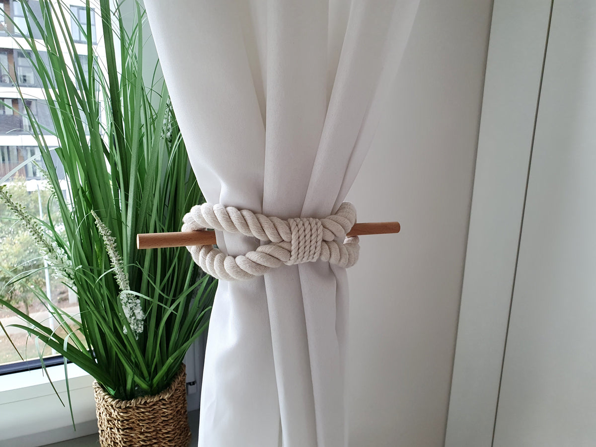 White Cotton Rope Curtain Tiebacks with Wood Pin, Handmade Curtain Holdbacks, Rustic Farmhouse Window Decor, Natural Boho Curtain Accessory