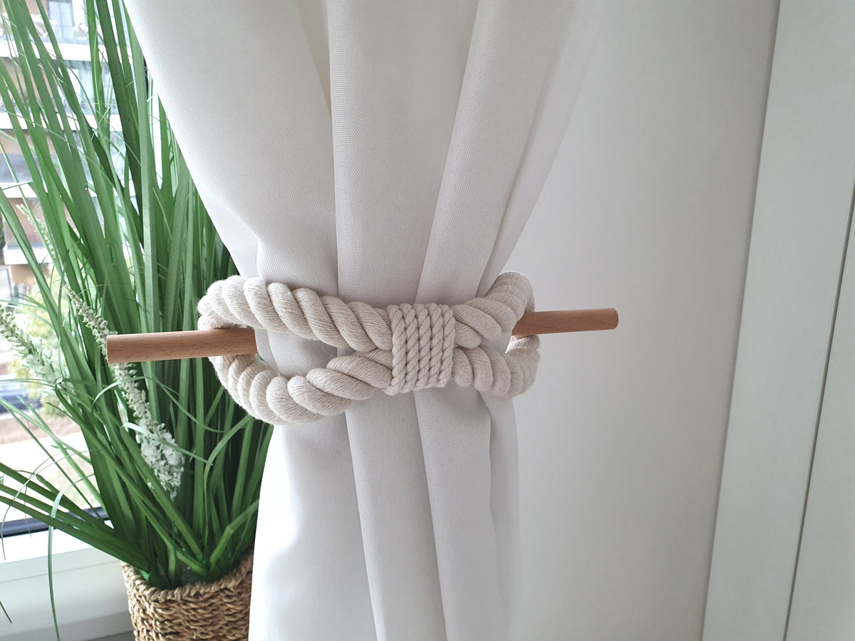 White Cotton Rope Curtain Tiebacks with Wood Pin, Handmade Curtain Holdbacks, Rustic Farmhouse Window Decor, Natural Boho Curtain Accessory