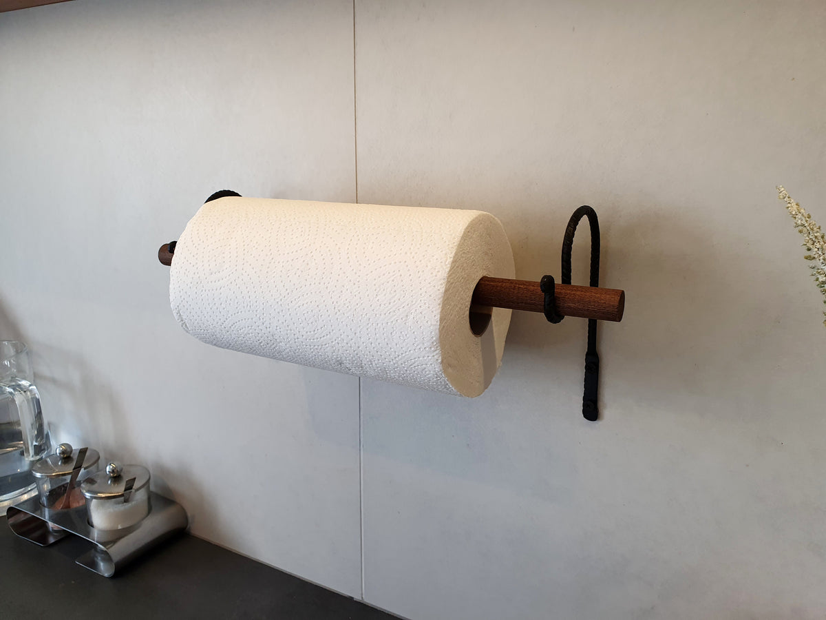 Paper Towel Holder | Forged Black Iron & Wood Dowel | Wall Mounted Kitchen Roll Holder