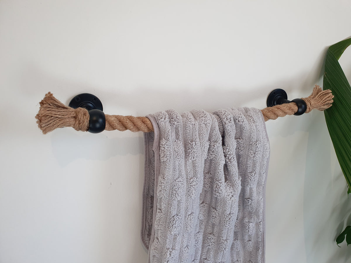 Jute Rope Towel Holder with Black Metal Brackets, 1 Inch Thick Nautical Bathroom Towel Bar, Farmhouse Wall Decor
