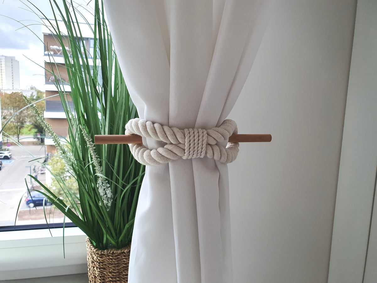 White Cotton Rope Curtain Tiebacks with Wood Pin, Handmade Curtain Holdbacks, Rustic Farmhouse Window Decor, Natural Boho Curtain Accessory