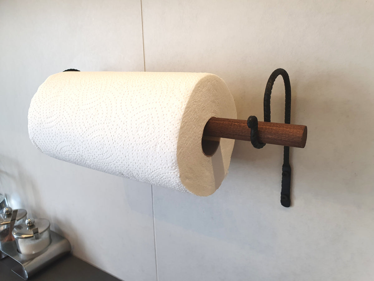 Paper Towel Holder | Forged Black Iron & Wood Dowel | Wall Mounted Kitchen Roll Holder
