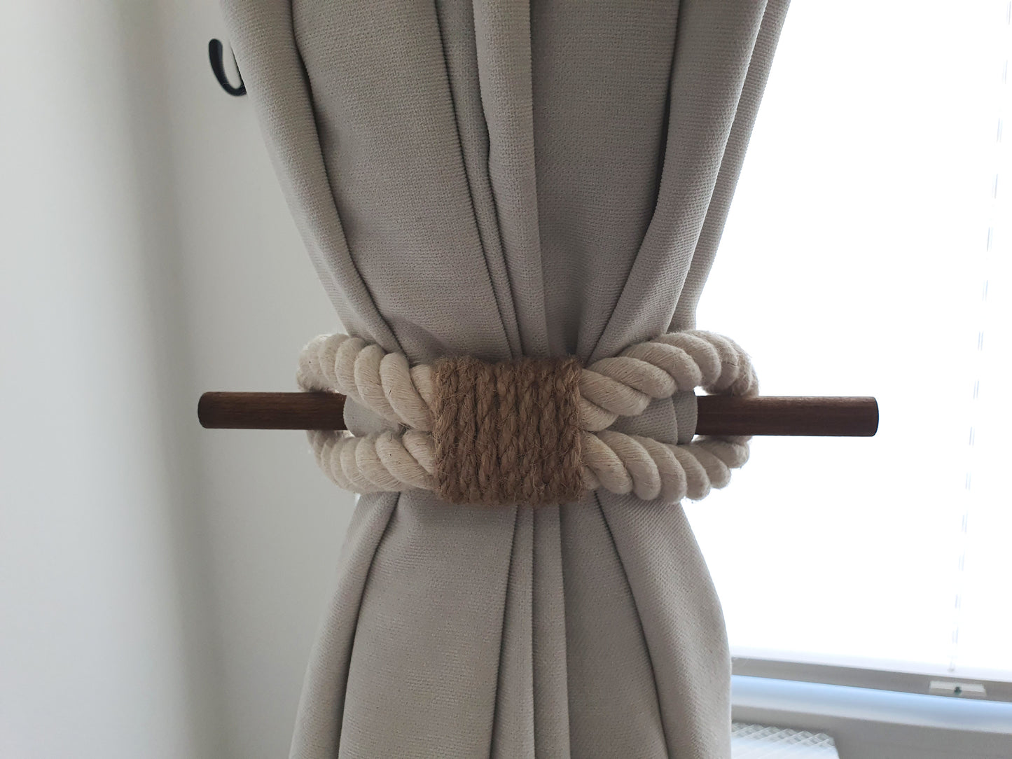 White Cotton Rope Curtain Tieback with Wooden Stick - Jute Centre Wrap Holdback