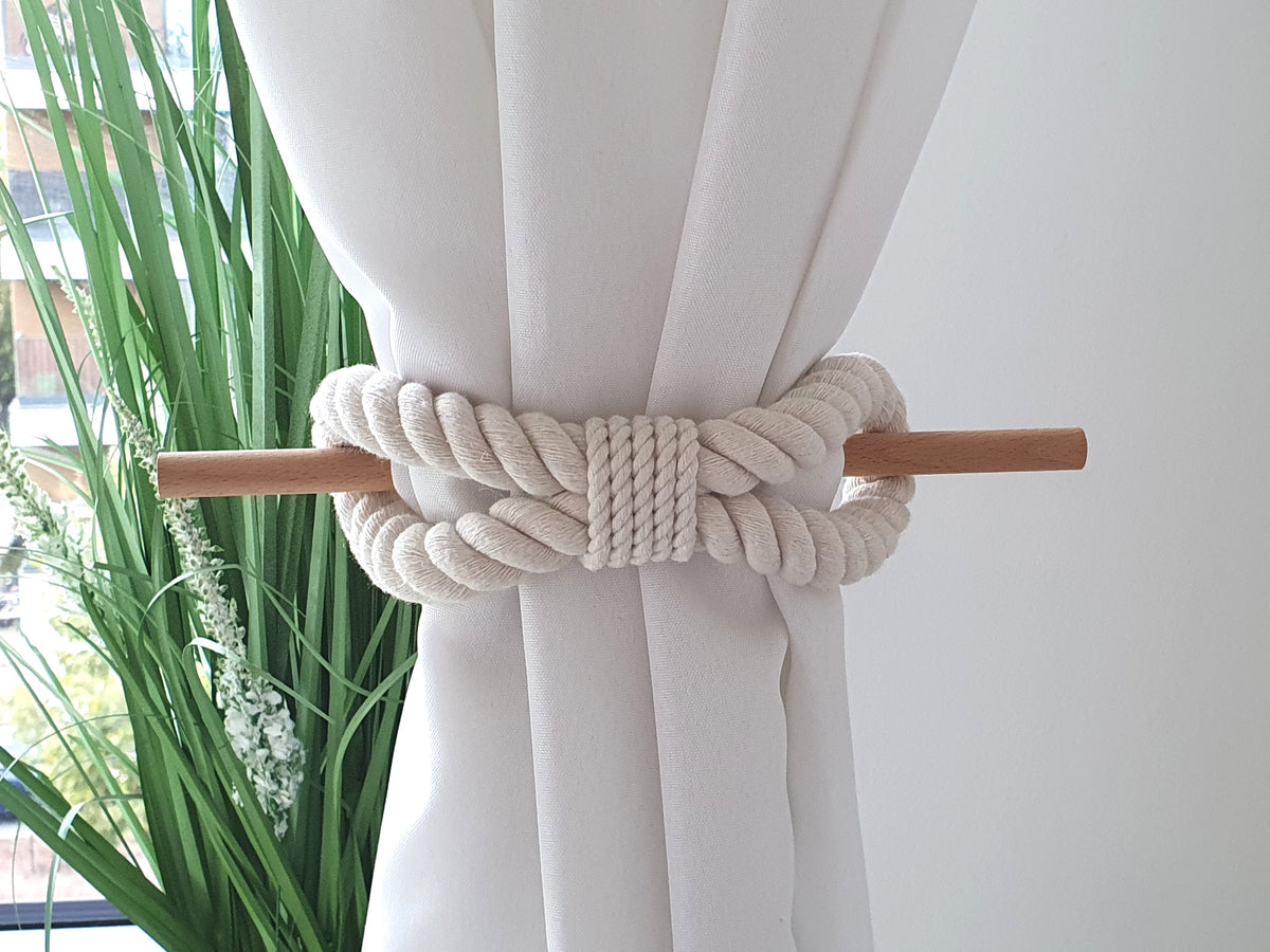 White Cotton Rope Curtain Tiebacks with Wood Pin, Handmade Curtain Holdbacks, Rustic Farmhouse Window Decor, Natural Boho Curtain Accessory