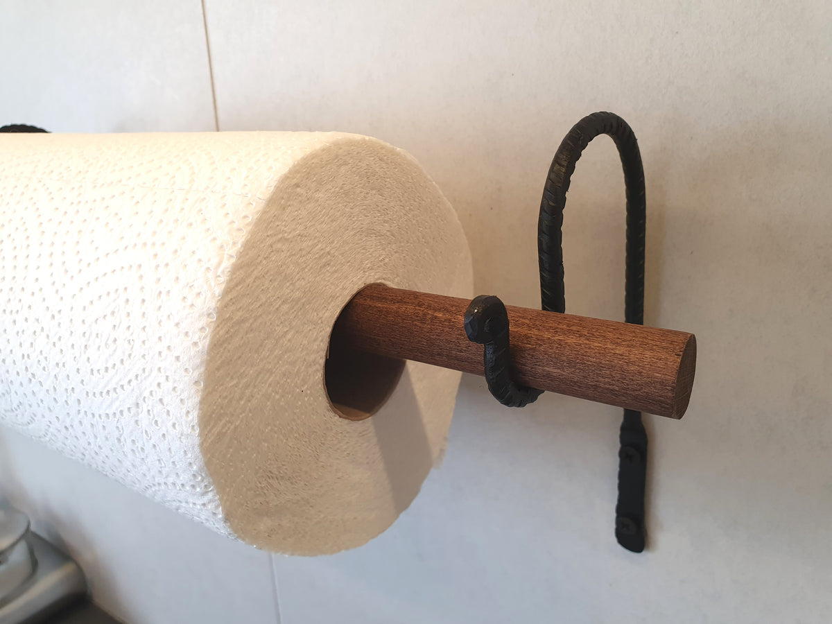 Paper Towel Holder | Forged Black Iron & Wood Dowel | Wall Mounted Kitchen Roll Holder