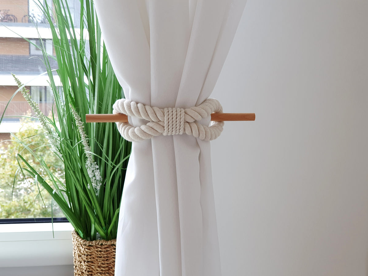 White Cotton Rope Curtain Tiebacks with Wood Pin, Handmade Curtain Holdbacks, Rustic Farmhouse Window Decor, Natural Boho Curtain Accessory