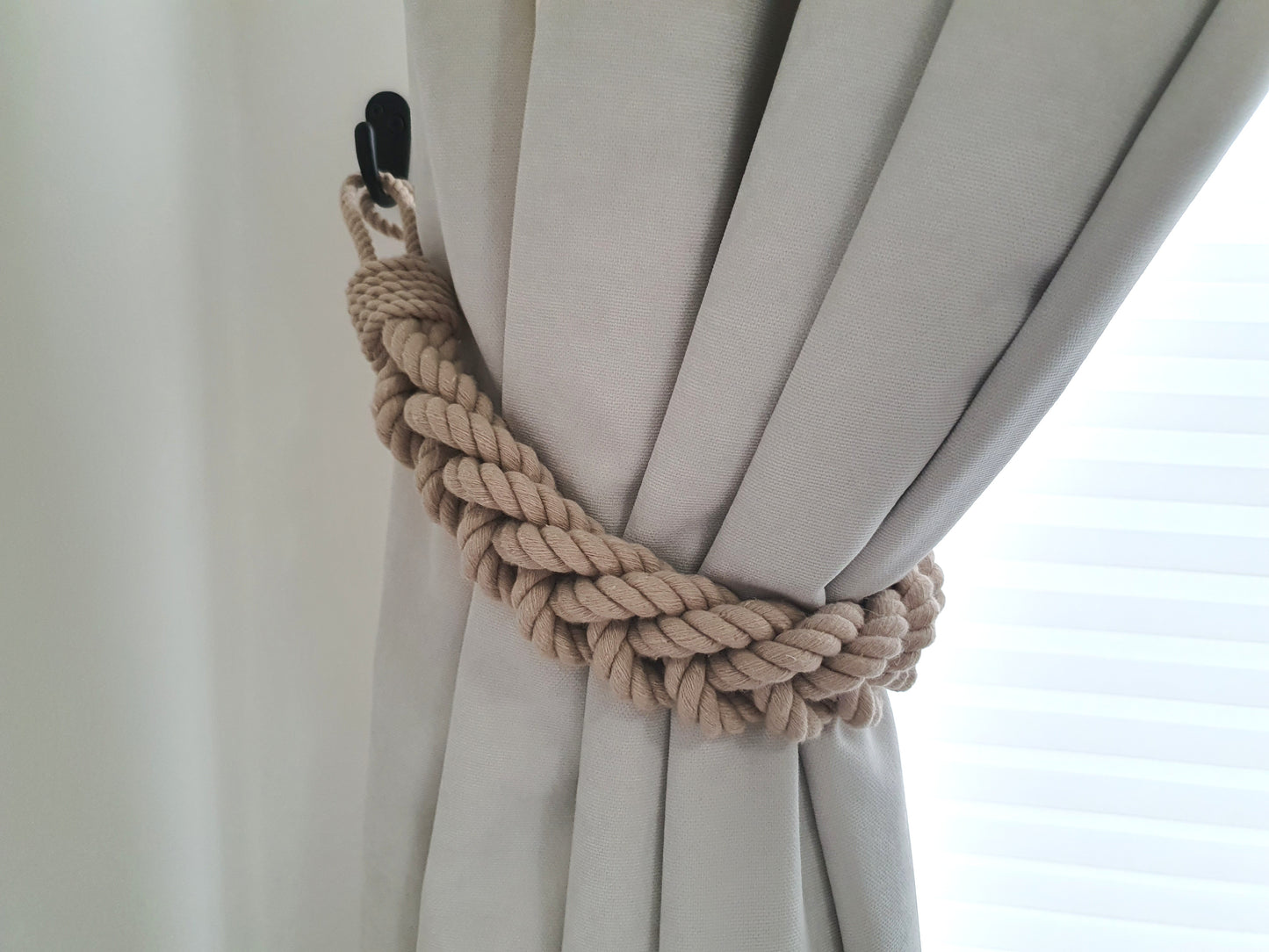 Double Cotton Rope Curtain Tieback - Chunky Twisted Holdback Natural Boho Decor