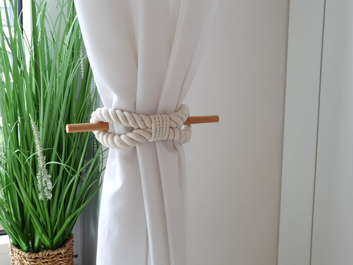 White Cotton Rope Curtain Tiebacks with Wood Pin, Handmade Curtain Holdbacks, Rustic Farmhouse Window Decor, Natural Boho Curtain Accessory