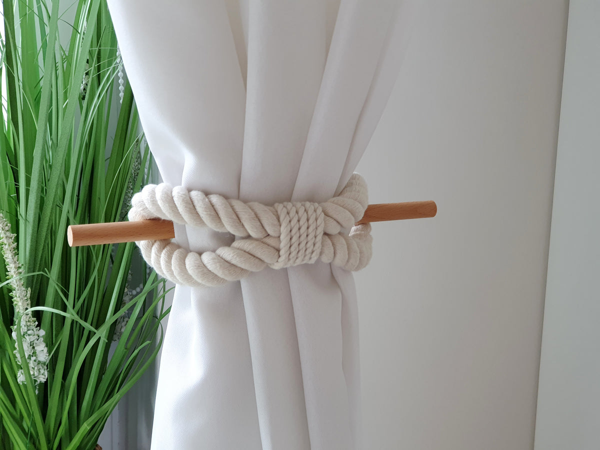 White Cotton Rope Curtain Tiebacks with Wood Pin, Handmade Curtain Holdbacks, Rustic Farmhouse Window Decor, Natural Boho Curtain Accessory
