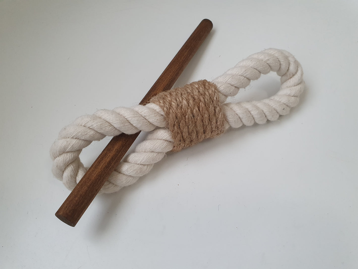 White Cotton Rope Curtain Tieback with Wooden Stick - Jute Centre Wrap Holdback