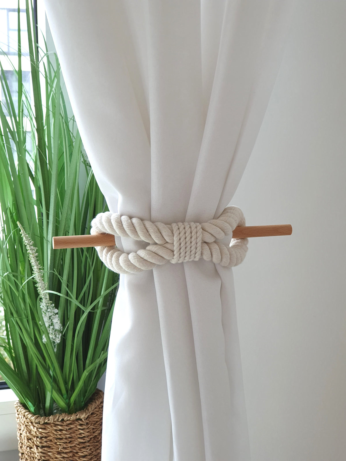 White Cotton Rope Curtain Tiebacks with Wood Pin, Handmade Curtain Holdbacks, Rustic Farmhouse Window Decor, Natural Boho Curtain Accessory