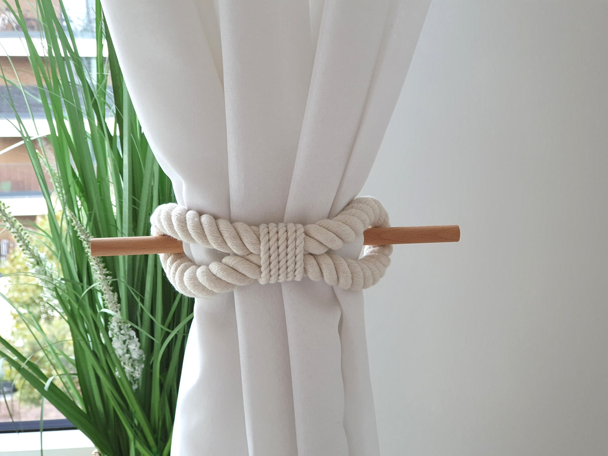 White Cotton Rope Curtain Tiebacks with Wood Pin, Handmade Curtain Holdbacks, Rustic Farmhouse Window Decor, Natural Boho Curtain Accessory