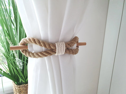Jute Rope Curtain Tiebacks with White Cotton Detail and Wooden Pin, Handmade Rustic Curtain Holdbacks, Farmhouse Window Decor