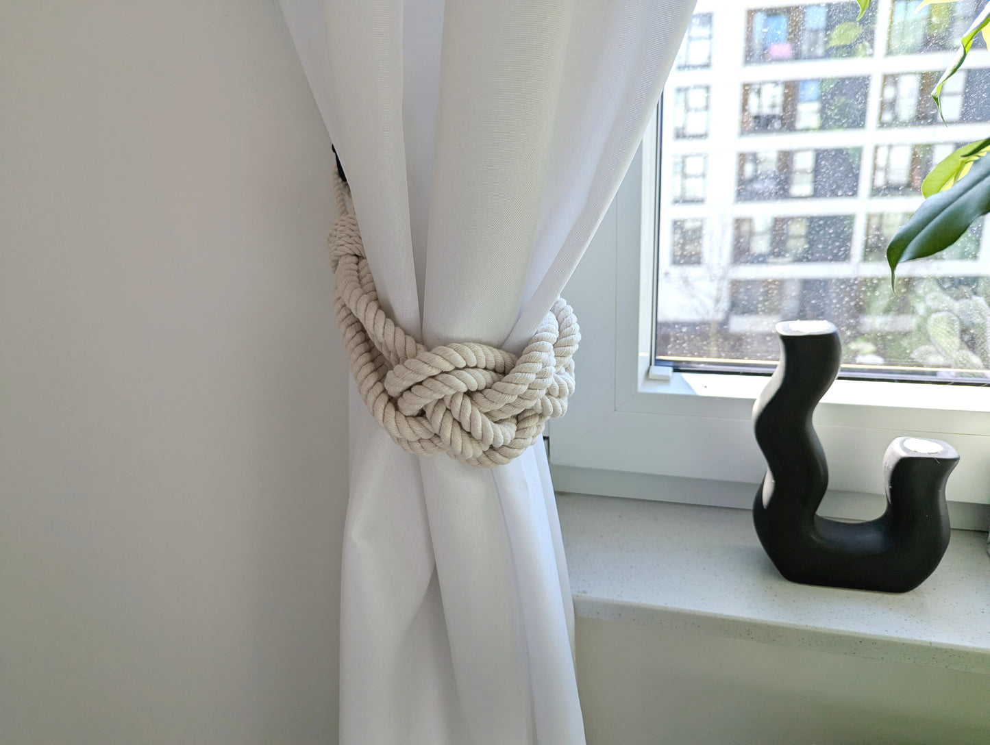 White Cotton Rope Curtain Tieback - Oversized Nautical Knot Holdback Boho Decor