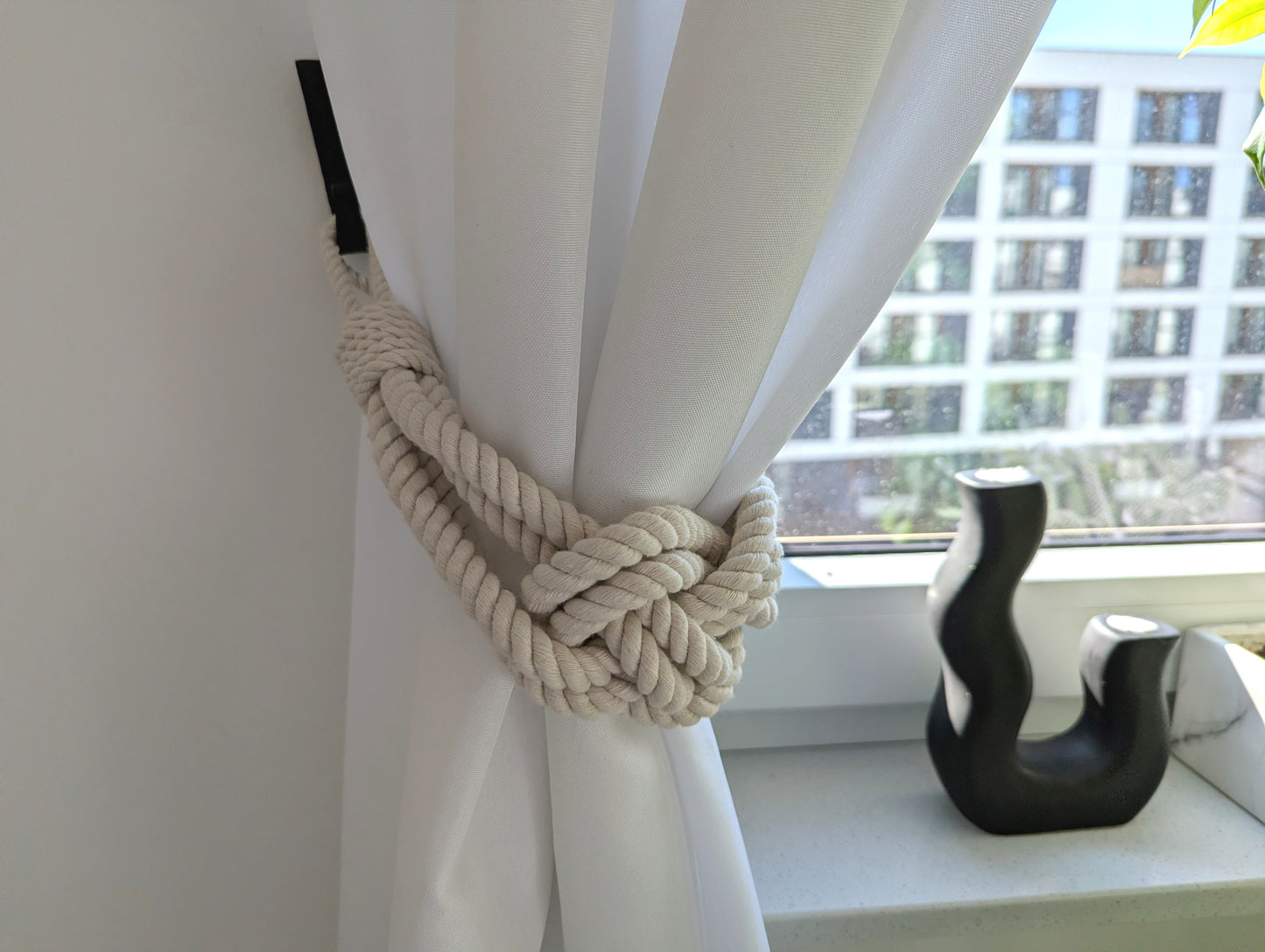 White Cotton Rope Curtain Tieback - Oversized Nautical Knot Holdback Boho Decor