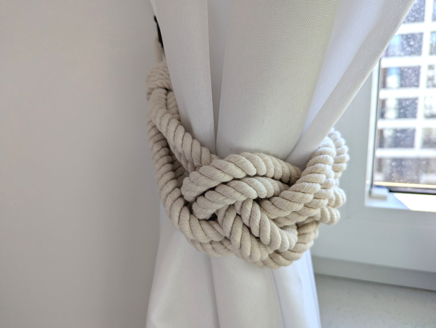 White Cotton Rope Curtain Tieback - Oversized Nautical Knot Holdback Boho Decor