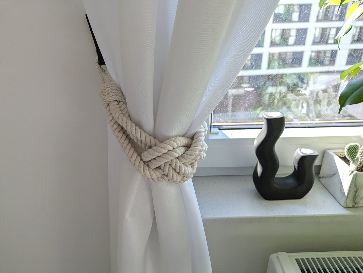 White Cotton Rope Curtain Tieback - Oversized Nautical Knot Holdback Boho Decor
