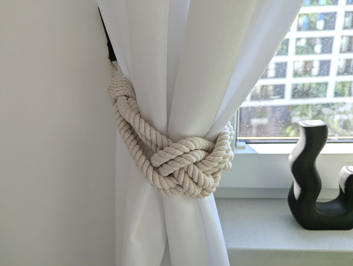 White Cotton Rope Curtain Tieback - Oversized Nautical Knot Holdback Boho Decor