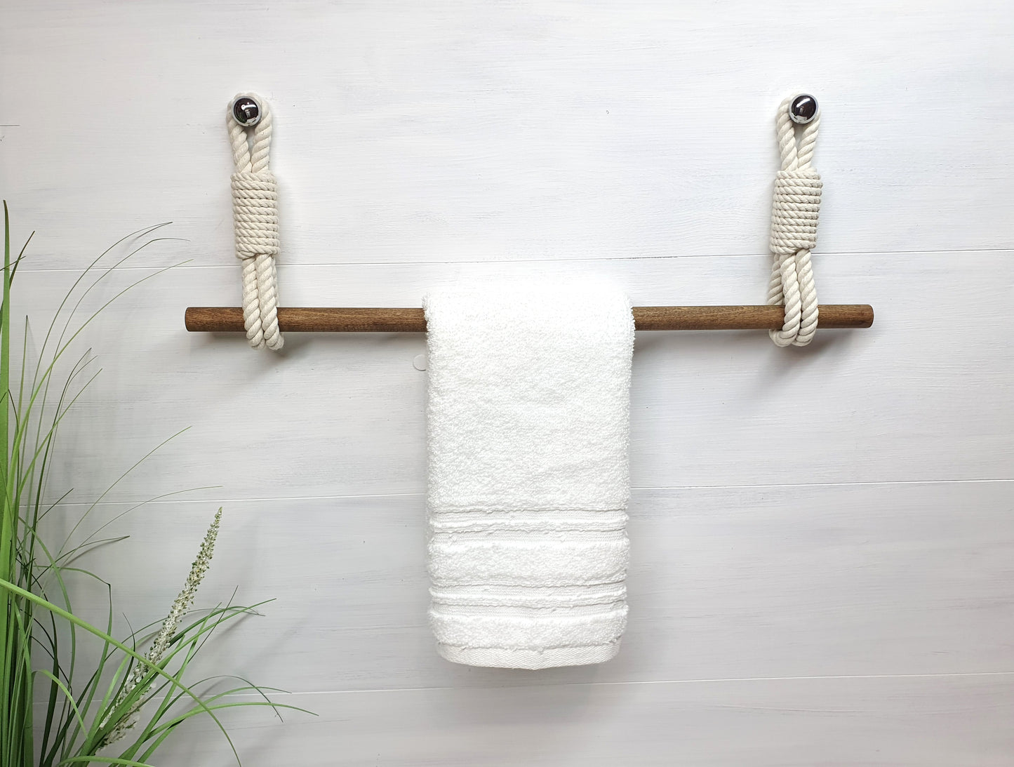 Handmade Cotton Rope Towel Holder - Wood Rod Double Hook Wall Mount