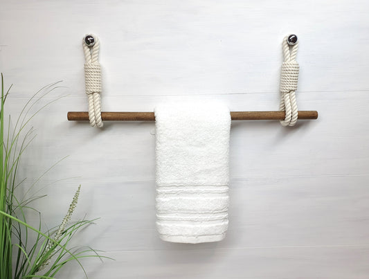 Handmade Cotton Rope Towel Holder - Wood Rod Double Hook Wall Mount