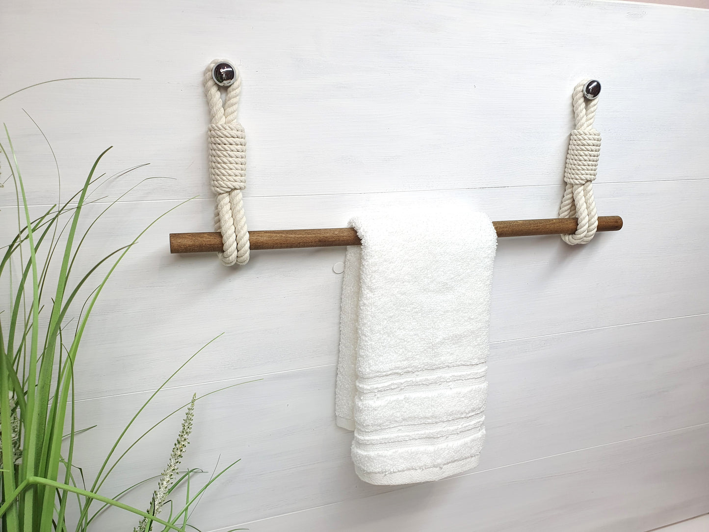 Handmade Cotton Rope Towel Holder - Wood Rod Double Hook Wall Mount