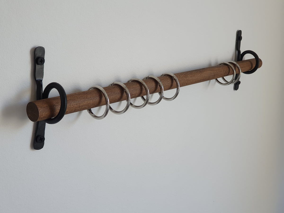 Hand-Forged Iron Curtain Rod Hooks, Rustic Black Metal Brackets, Set of 2
