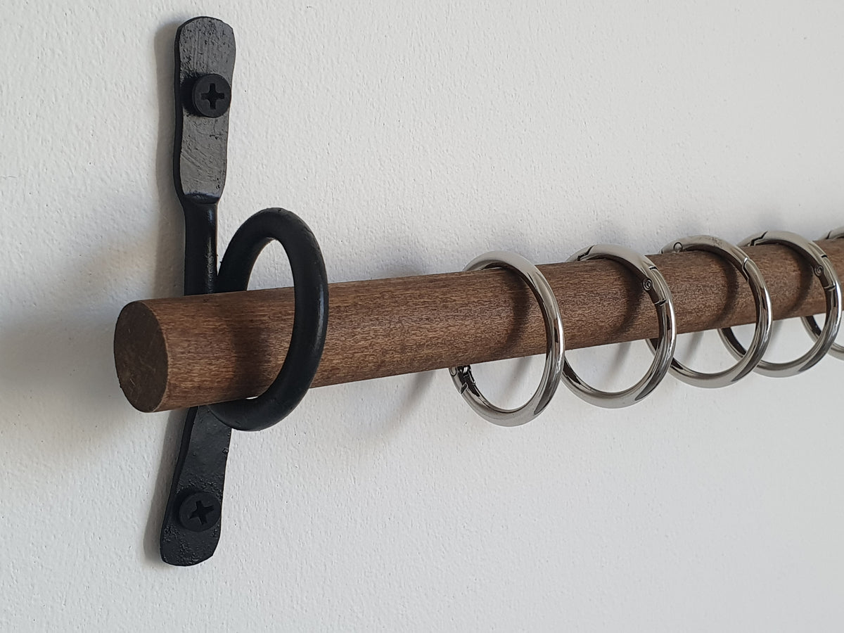 Hand-Forged Iron Curtain Rod Hooks, Rustic Black Metal Brackets, Set of 2