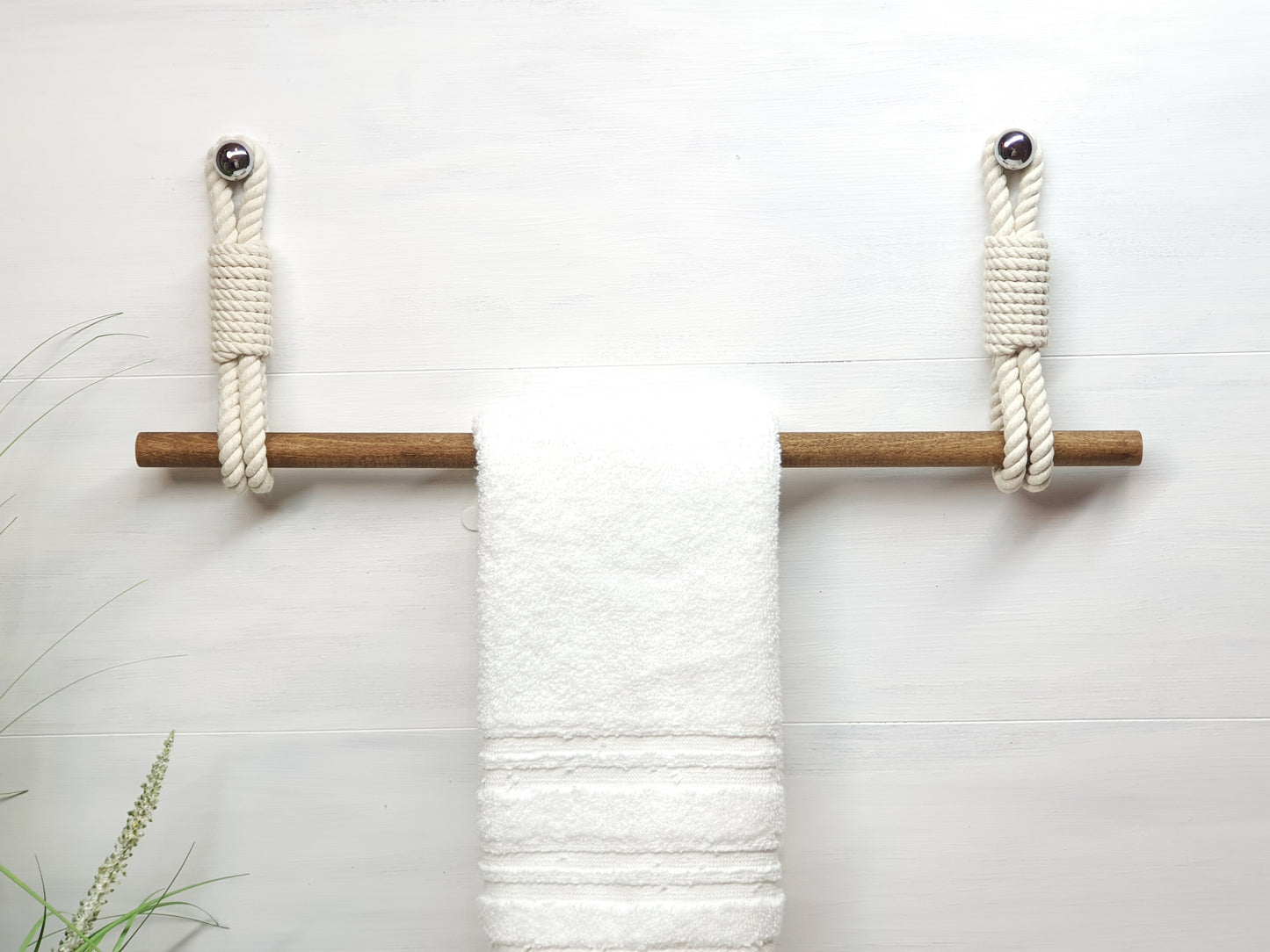 Handmade Cotton Rope Towel Holder - Wood Rod Double Hook Wall Mount