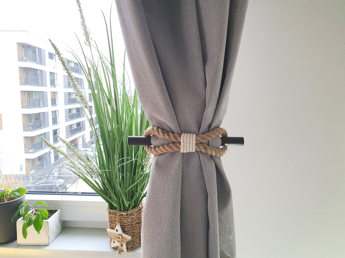 Jute Rope Curtain Tieback with Wooden Stick - White Cotton Accent Holdback