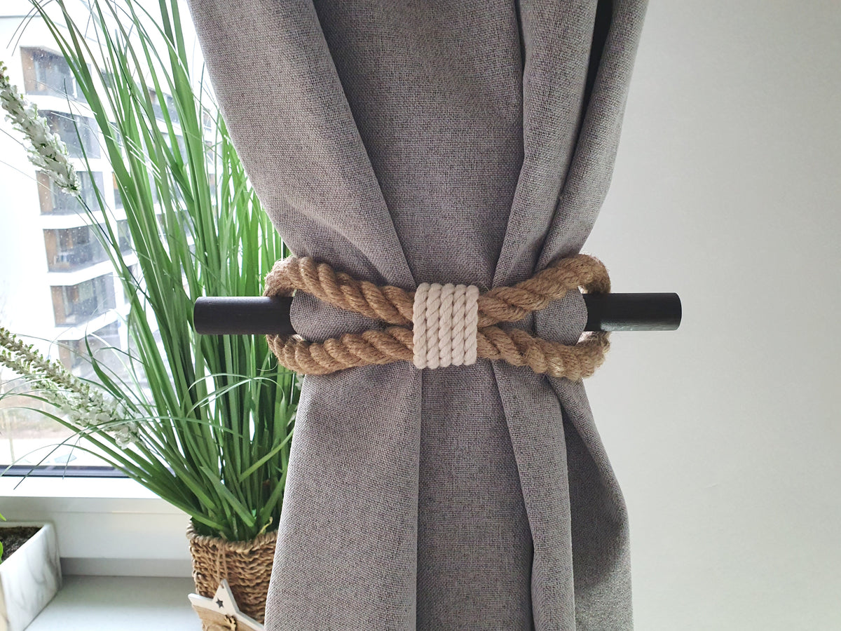 Jute Rope Curtain Tieback with Wooden Stick - White Cotton Accent Holdback
